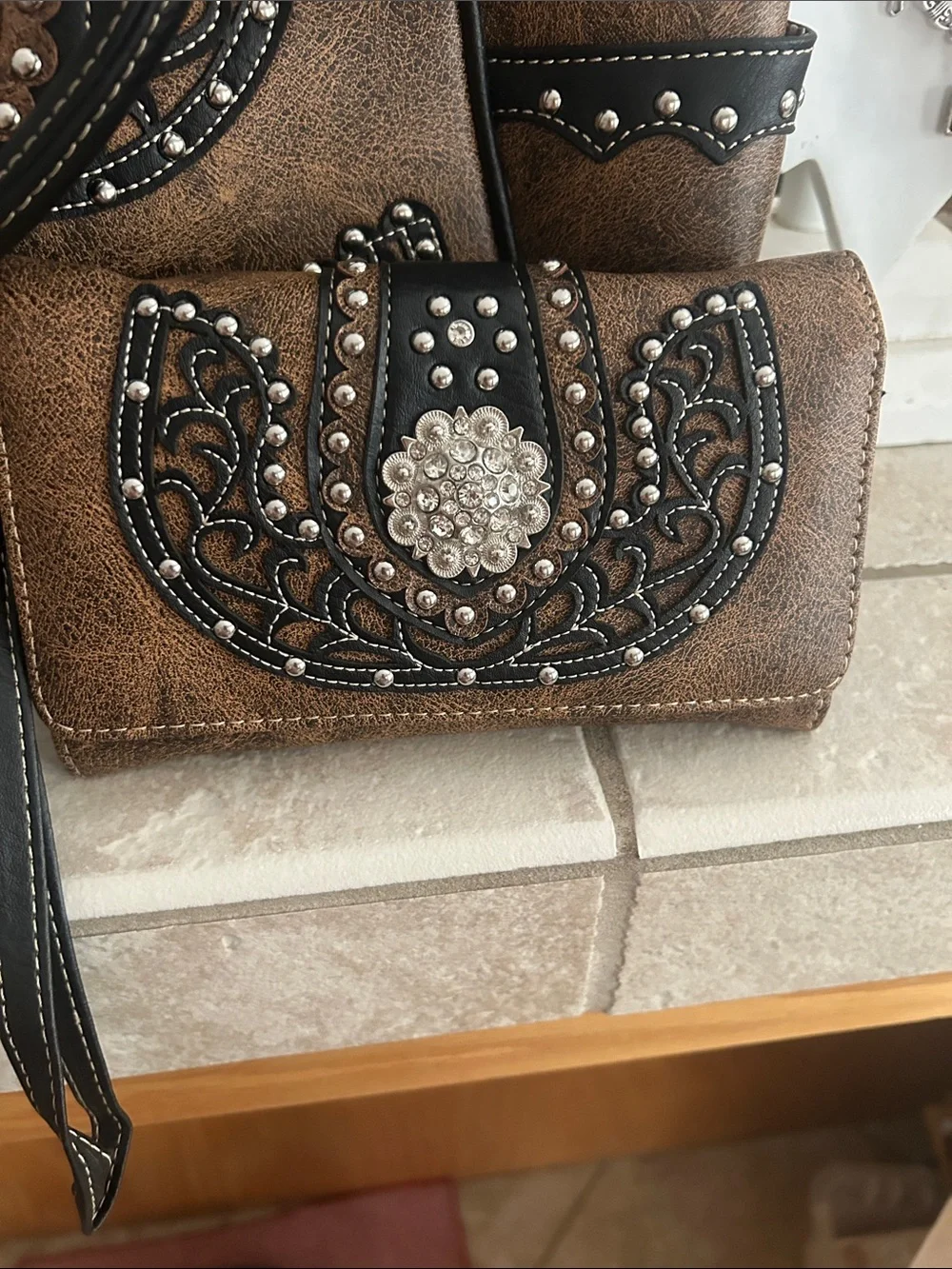 Brown and Black Embellished Shoulder Bag and Wallet Set VGUC